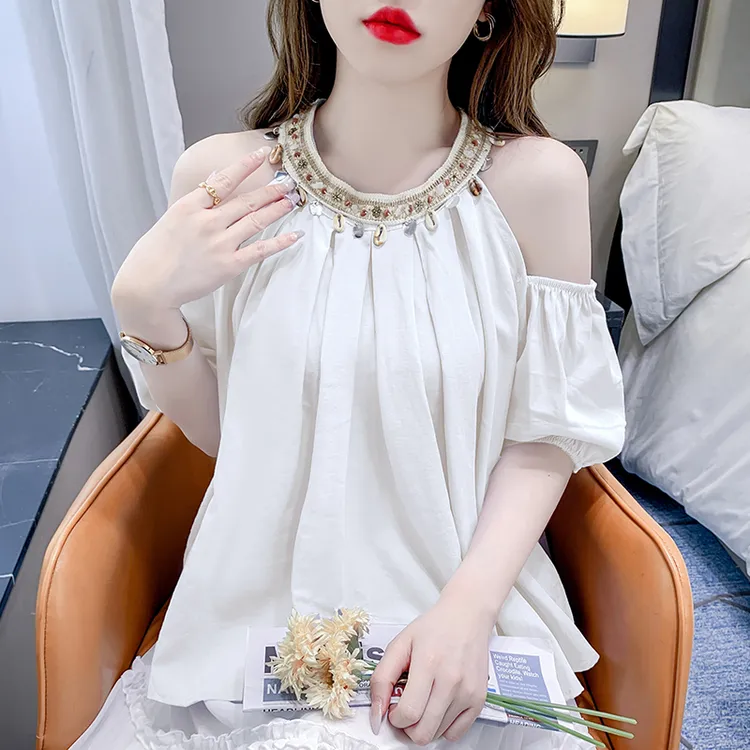 高级重工钉珠领露肩衬衫上衣女夏季2025新款韩系时尚压褶宽松小衫