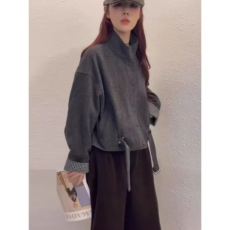 韩系格子拼接毛呢外套女秋冬高级感气质显瘦百搭立领单排扣上衣