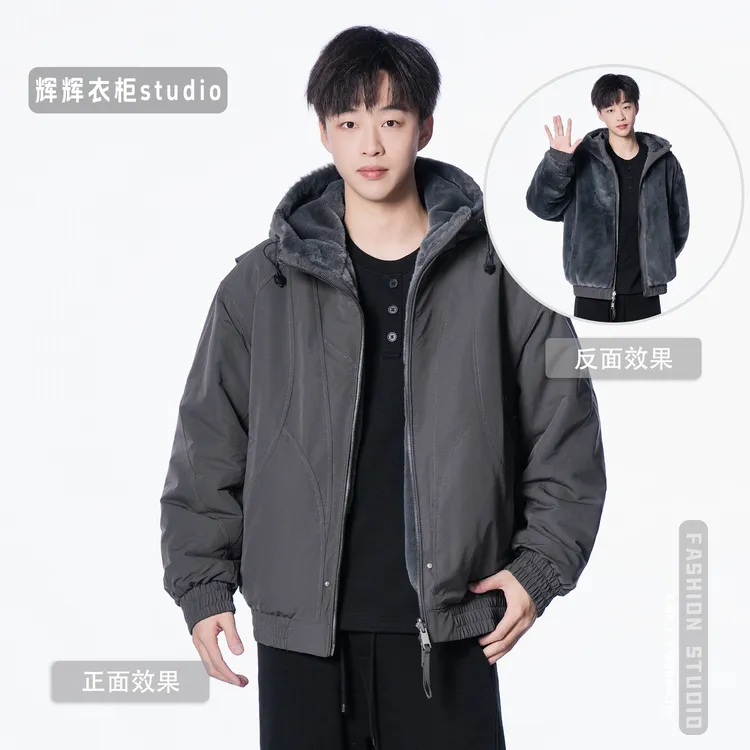 【双面穿座山雕】原创2.0升级加厚连帽双色银狐绒情侣飞行夹克外套