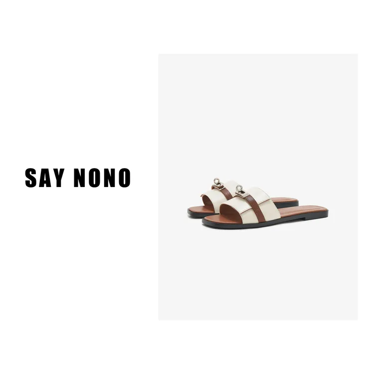 Say  nono  银色小锁扣露趾一字拖度假时尚外传平底拖鞋