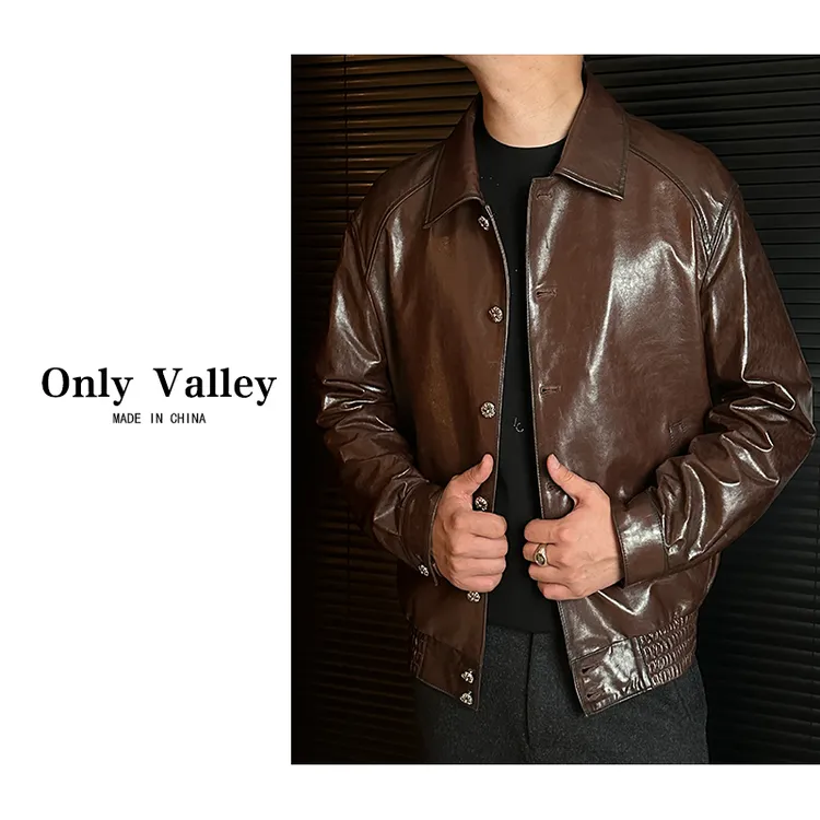 新款琥珀棕真皮水蜡时尚男款皮夹克复古宽松落肩时尚绵羊真皮皮衣