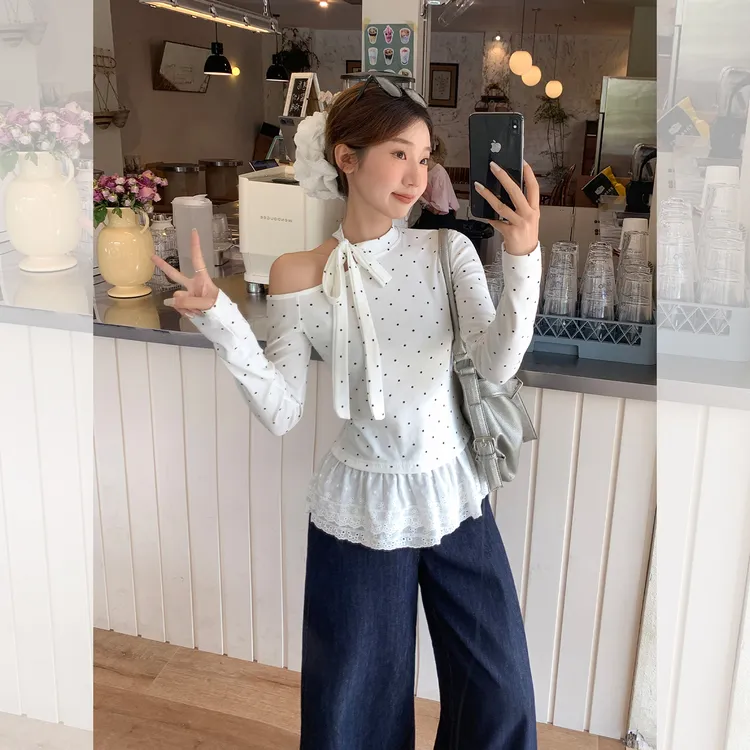 韩系白色波点蝴蝶结绑带t恤女秋蕾丝花边设计感长袖上衣小香风