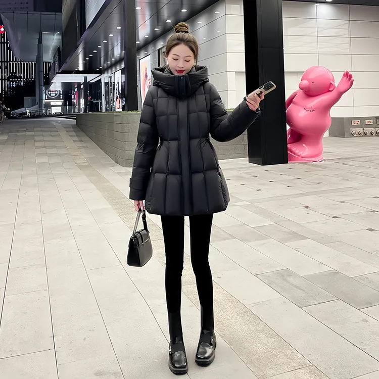  棉服女2025冬季新款中长款百搭连帽收腰加厚棉衣保暖外套泡芙款
