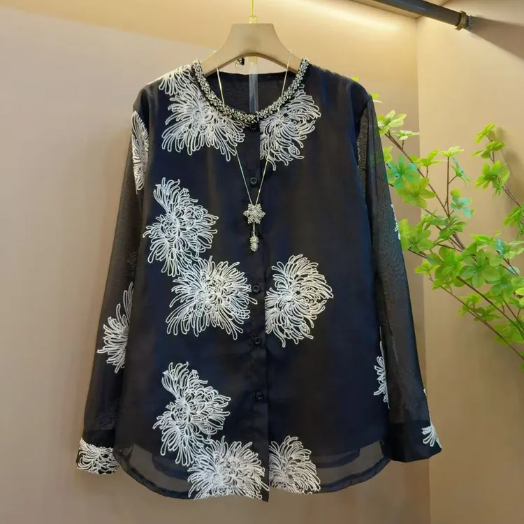 时尚春季新款圆领重工提花时尚宽松百搭显瘦上衣（长64左右）