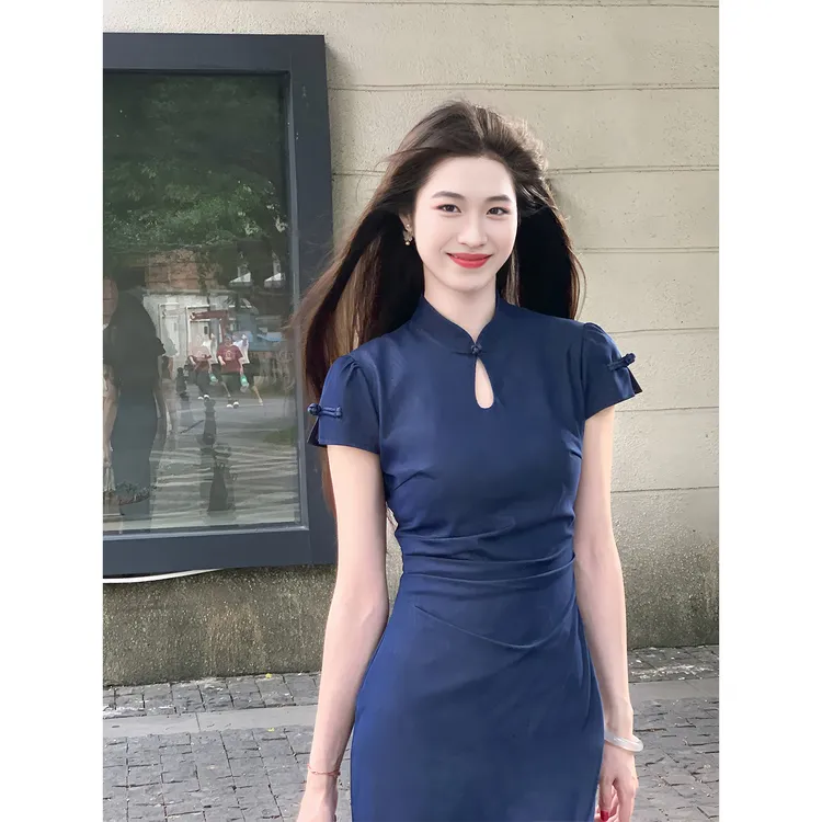 凌茜恣禾【青玉案】国风新中式气质优雅显瘦收腰蓝色复古旗袍春夏裙