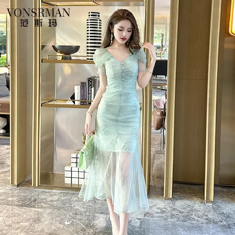 欧洲站绿色连衣裙女夏季新款法式优雅气质温柔风v领包臀鱼尾裙子v