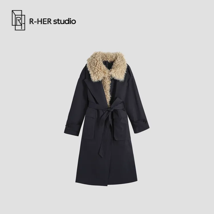 R-HER“爱丽西亚 ”90白鹅绒秋冬时尚大毛领毛呢加厚长款派克Y5032