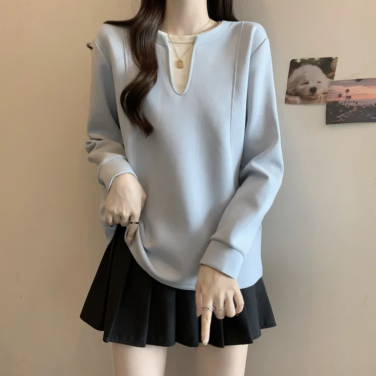 大码女装遮肚子设计感拼色圆领卫衣女春秋胖妹妹宽松显瘦正肩上衣