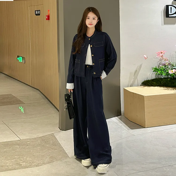 拉夏贝尔时尚复古牛仔套装女2025秋季新款短外套阔腿裤休闲两件套