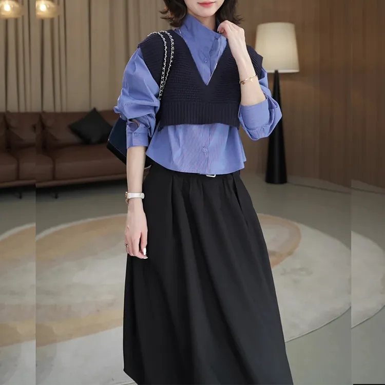 韩版通勤时尚套装女2025春秋新款针织马甲叠穿立领长袖衬衫两件套
