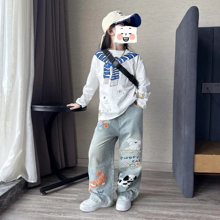 女童春秋季新款韩版时尚长袖卫衣T恤衫中大童毛巾绣牛仔阔腿裤潮