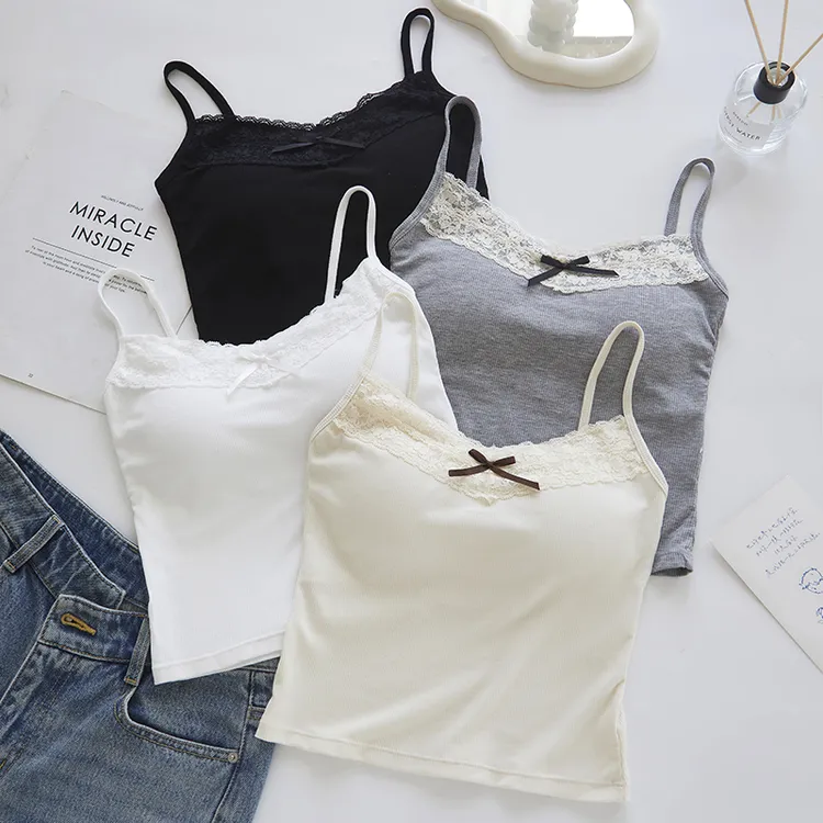 甜美风蕾丝花边小吊带背心女新款纯欲风美背百搭带胸垫打底上衣夏