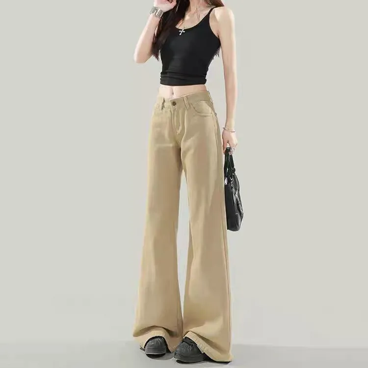 美式卡其牛仔裤女2025夏新款低腰辣妹复古拖地不贴腿阔腿微喇叭裤