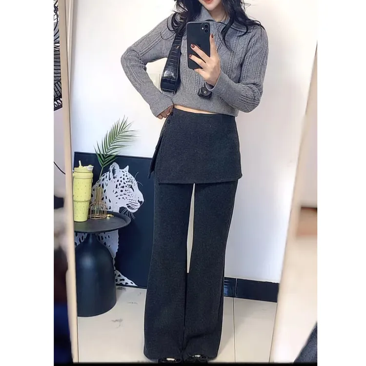 软糯加绒假两件屁帘微喇叭裤女秋冬季显瘦修身高腰休闲拖地裤长裤