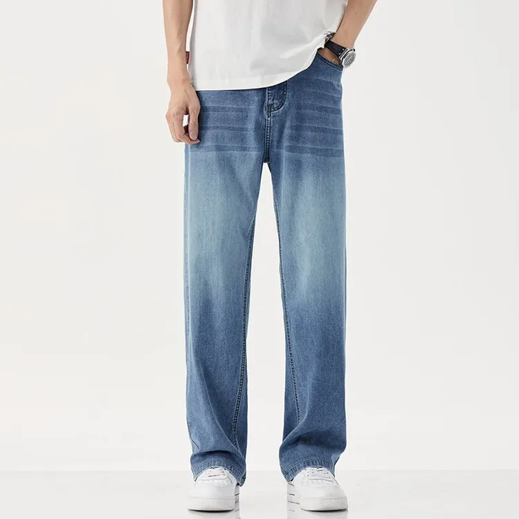 夏季薄款男士直筒休闲牛仔凉感裤渐变百搭水洗复古蓝色春夏牛仔裤