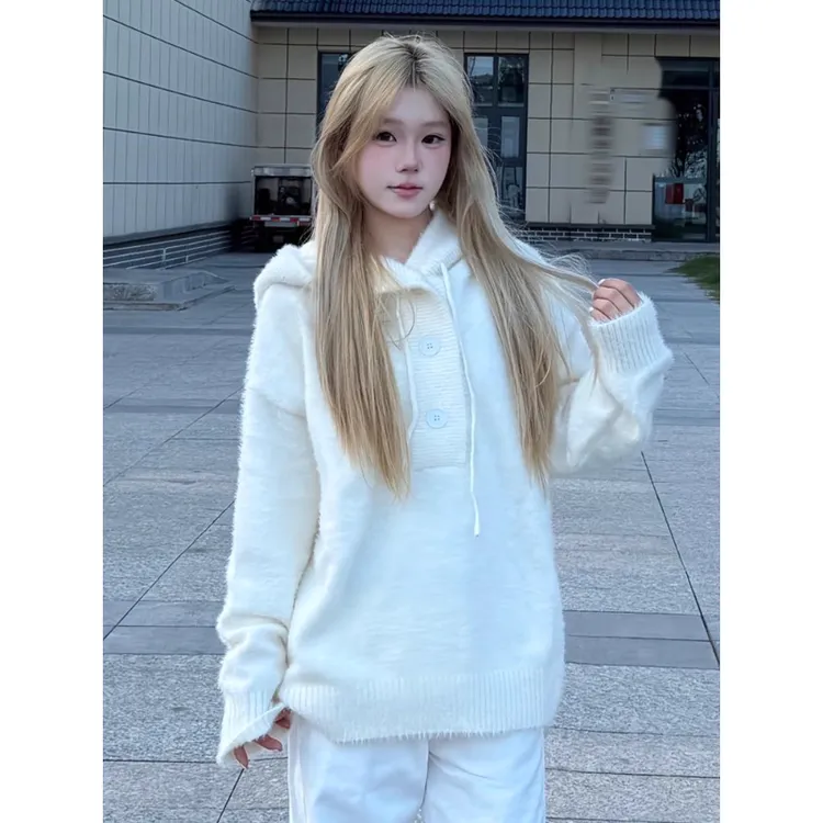 杏色cleanfit连帽亨利领毛衣男春秋慵懒风休闲外套美式内搭针织衫