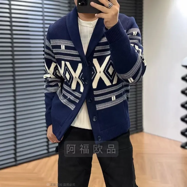 【阿福欧品】男士费尔岛重磅青果领针织外套