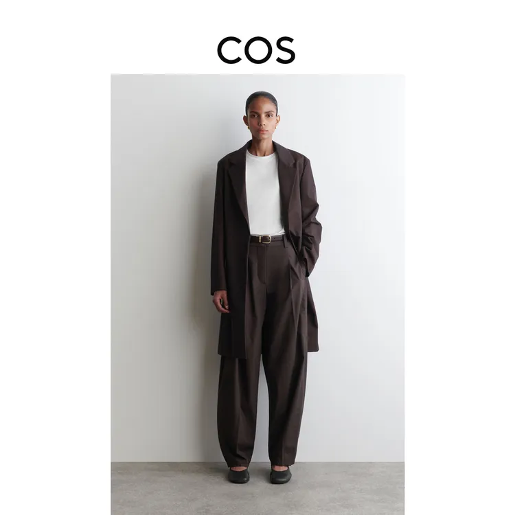 COS女装桶形褶裥棉质长裤深棕色流光风2025秋季新品1300899002