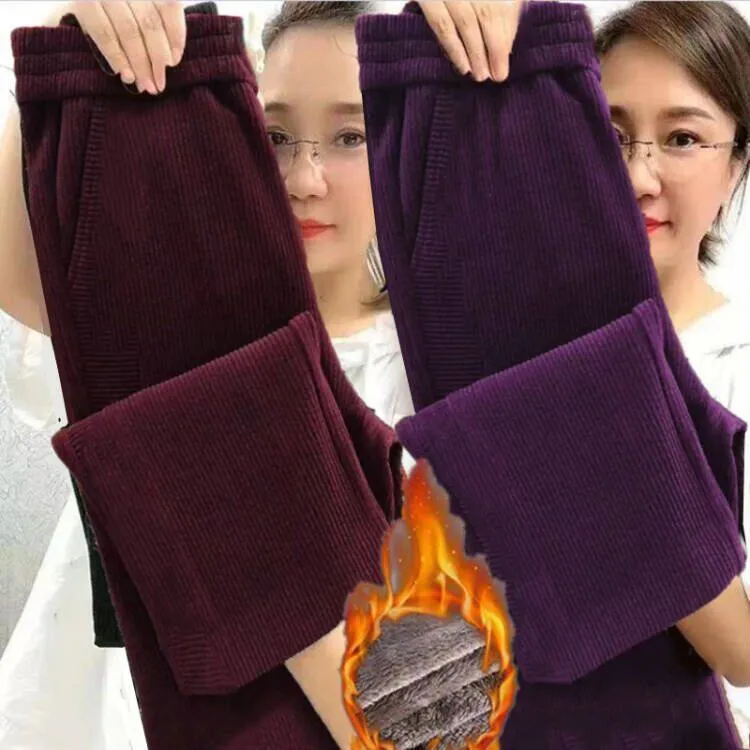 2025秋冬新款灯芯绒休闲阔腿裤高腰显瘦加绒女士裤子中老年保暖裤