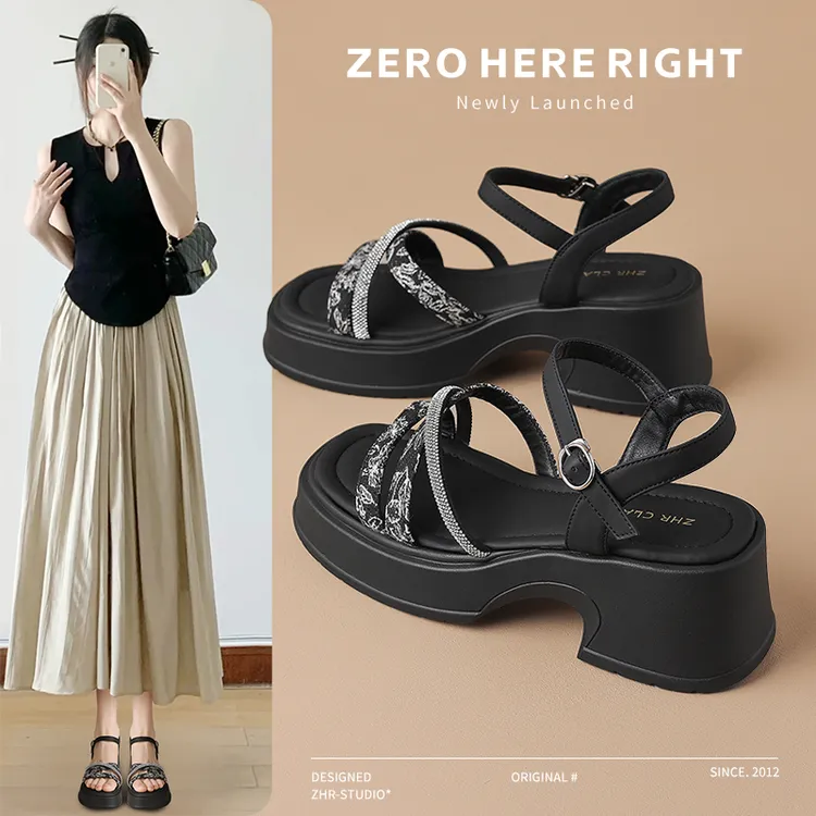ZHR/则则凉鞋外穿新款配裙子国风厚底增高露指罗马鞋一字带高跟鞋