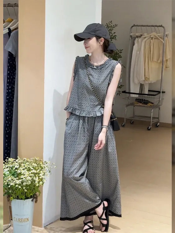 慵懒休闲洋气小个子套装女波点无袖背心阔腿裤两件套2025夏季新款