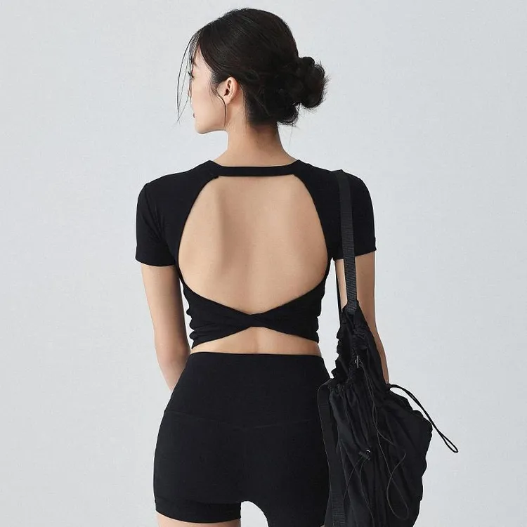 夏季薄款露背运动上衣女固定胸垫美背普拉提瑜伽服短袖健身服套装