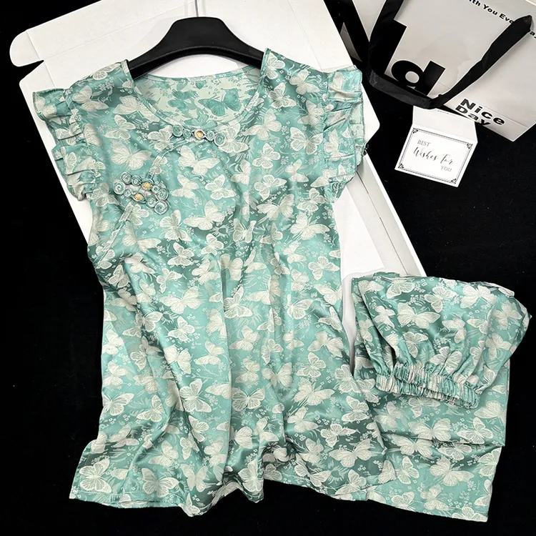 国风新中式荷叶边夏季睡衣女冰丝薄款复古汉服无袖背心家居服外穿