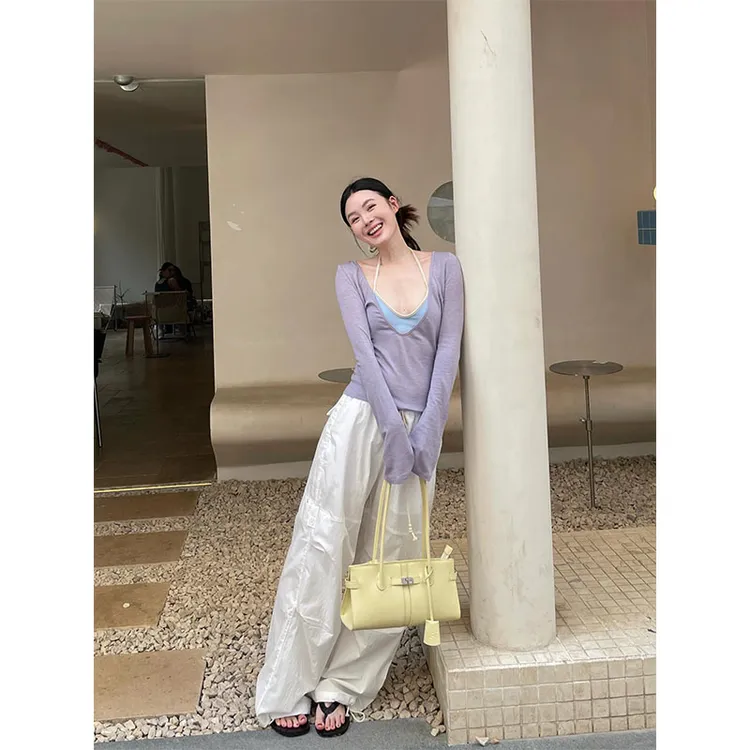 设计感小众洋气长袖防晒罩衫撞色挂脖吊带夏季高腰宽松百搭阔腿裤