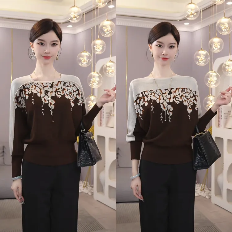 2025年秋冬新款【ZM-965JR】含醋酸丝羊毛咖色拼色两穿针织上衣毛衣