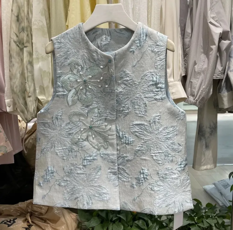 【蓝蝶】新中式国风刺绣钉珠马甲立体花朵设计气质无袖上衣