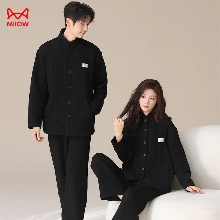 MiiOW/猫人冬款纯棉套装加厚310g情侣睡衣可外穿家居服黑色简约