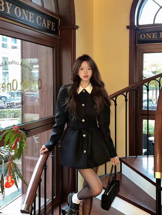 法式千金气质系带中长款毛呢大衣小个子黑色秋冬呢子外套女