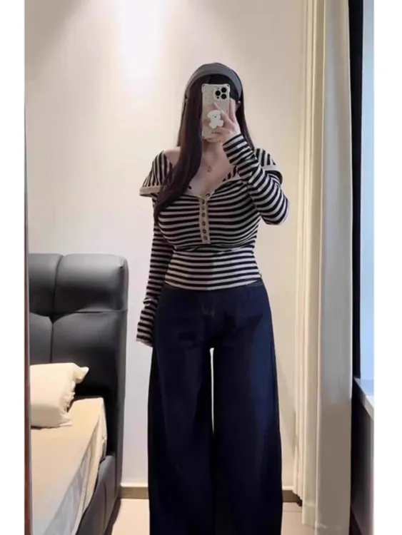 大码胖mm纯欲辣妹露肩条纹一字肩T恤女秋冬款修身显瘦打底衫上衣