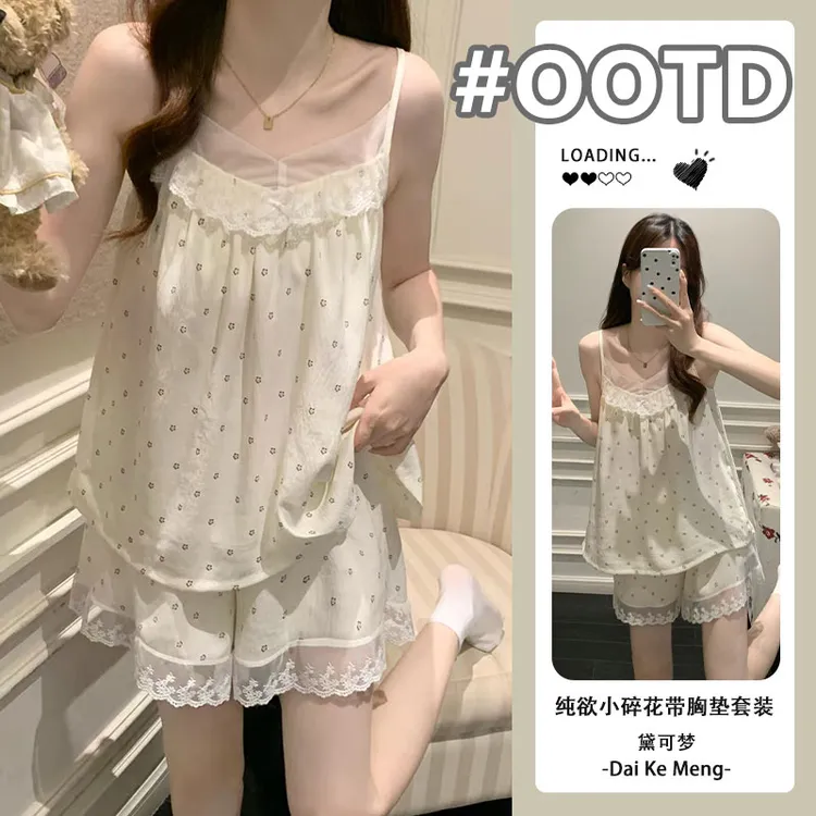 ins甜美睡衣女款夏季2025新款吊带带胸垫蕾丝性感碎花家居服套装