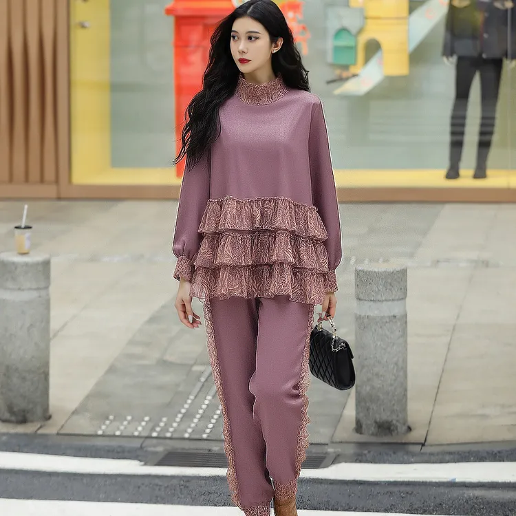 拜占庭的森林毛织套装时尚拼接轻奢秋冬百搭显瘦长裤两件套