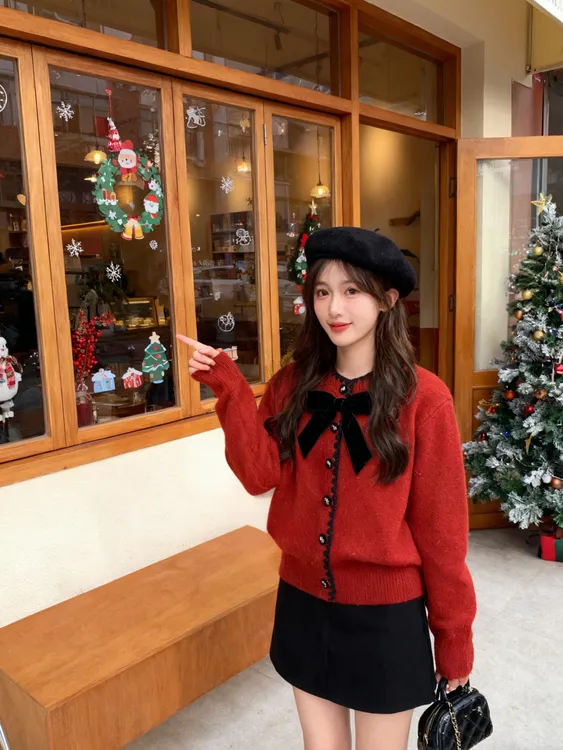 圣诞新年红色亮丝蝴蝶结毛衣外套女秋冬超好看针织开衫上衣8015