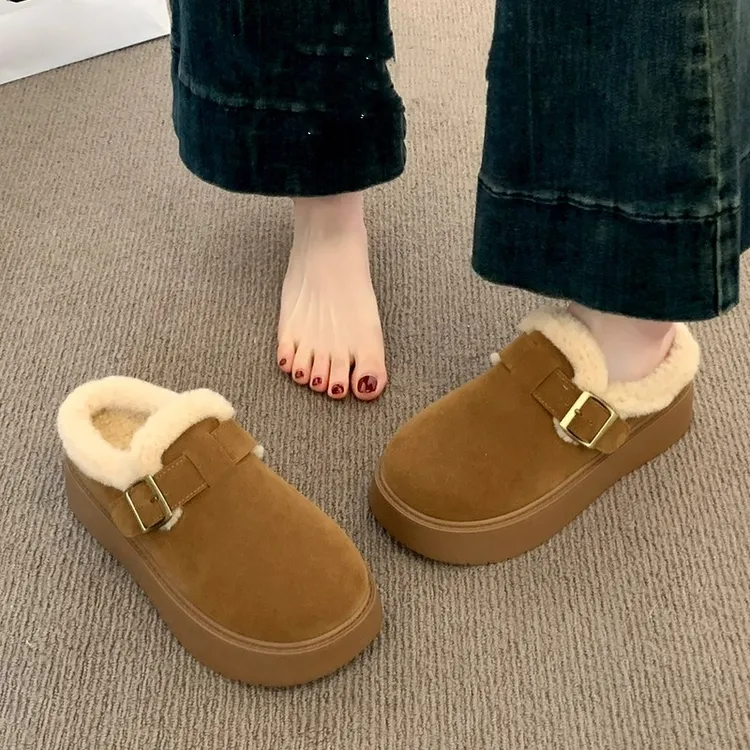 毛毛拖鞋女外穿2025秋冬时尚百搭加绒包头棉拖厚底勃肯半拖雪地靴