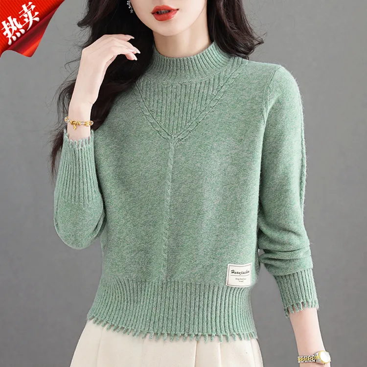 【原版正品】羊毛衫女2025秋冬半高领毛衣纹理毛边下摆针织打底上衣