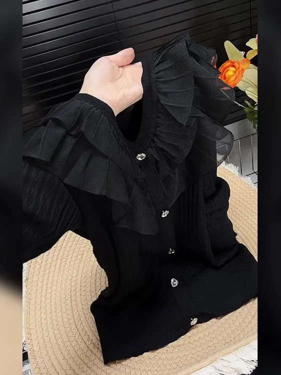 法式优雅V领荷叶边设计长袖女2025秋季新款气质显瘦修身黑色上衣