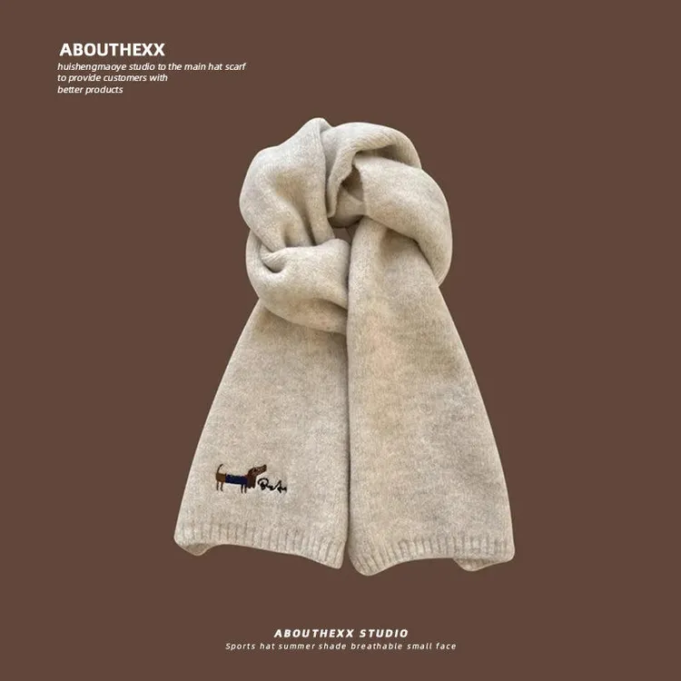 日系刺绣小狗针织围巾女秋冬季学生骑车保暖百搭羊绒情侣围脖男