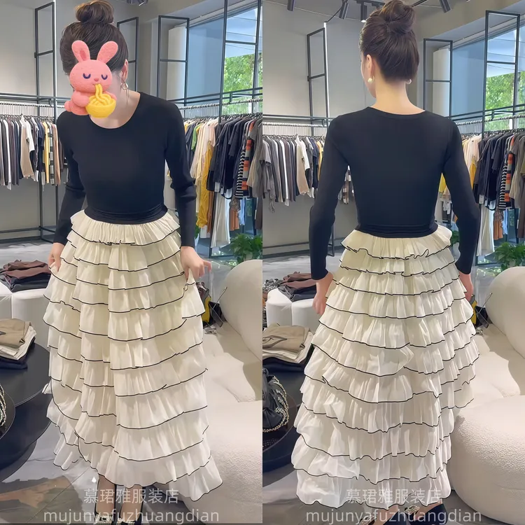 拼接常规夏季蛋糕裙冬季连衣裙秋季圆领休闲风长袖