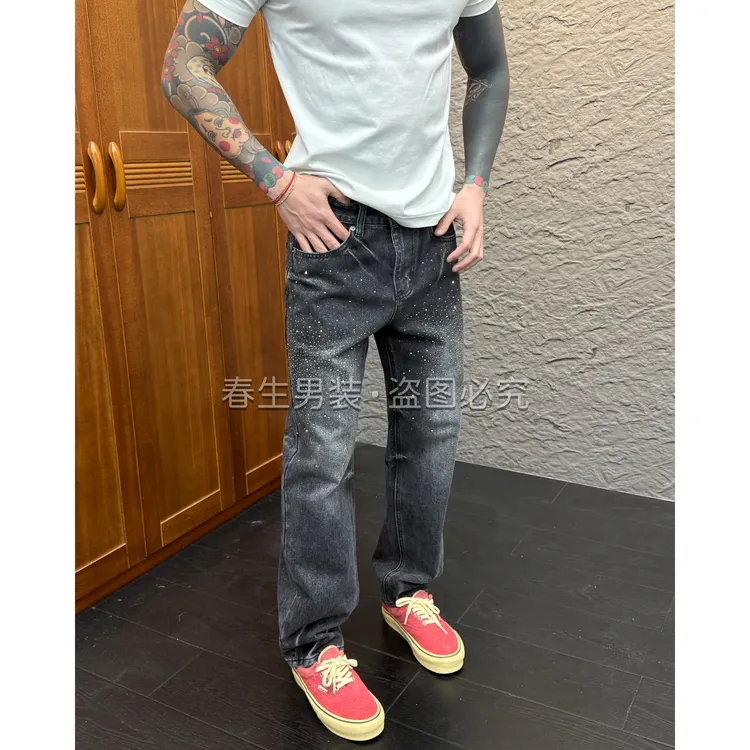 2025秋冬新款时尚休闲百搭黑灰色亮钻直筒宽松男士牛仔裤3068