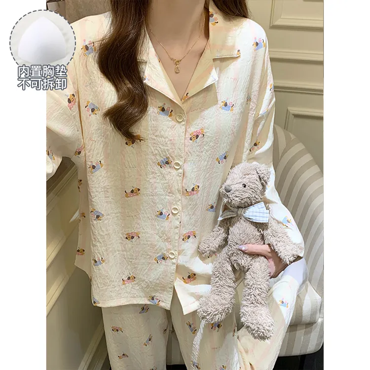 春秋季睡衣女款爆款2025新款可外穿宽松大码带胸垫长袖家居服套装