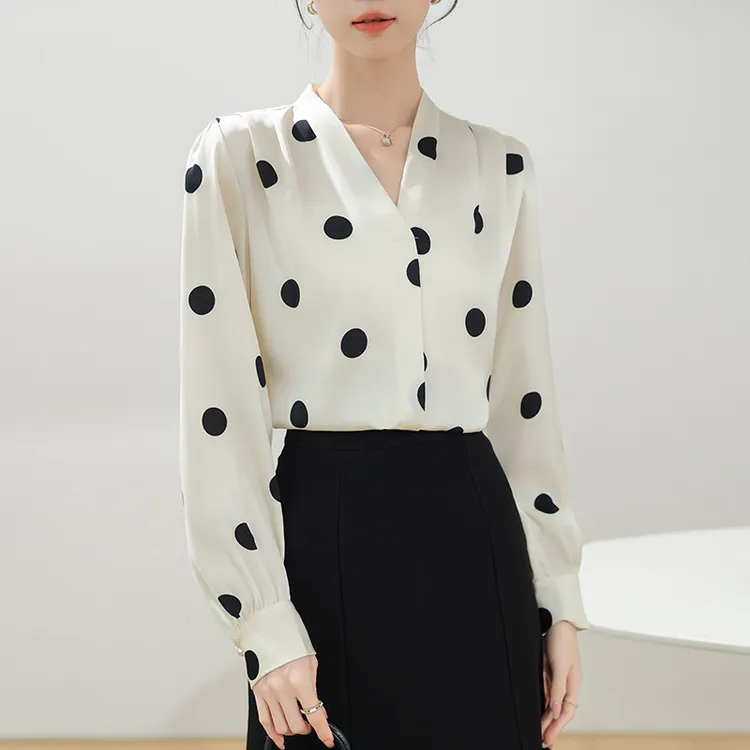 B法式优雅气质波点衬衫女2025春秋新款玫瑰花飘带复古缎面小众