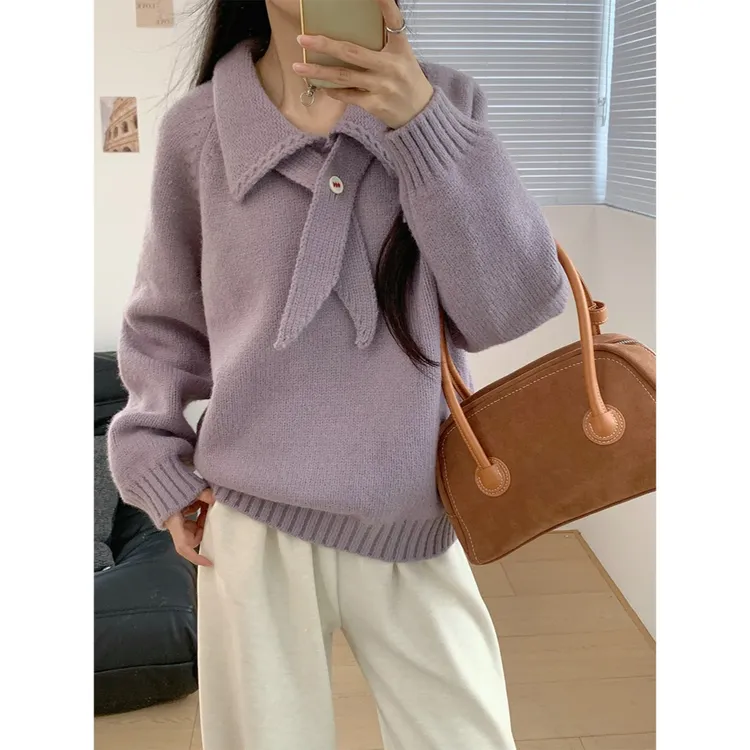 温柔风翻领套头毛衣女紫色软糯小个子针织衫围巾款毛衣上衣