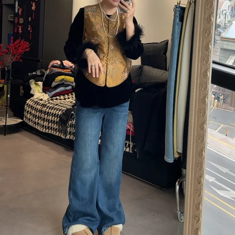 002高腰加绒加厚四面弹显瘦喇叭拖地牛仔裤