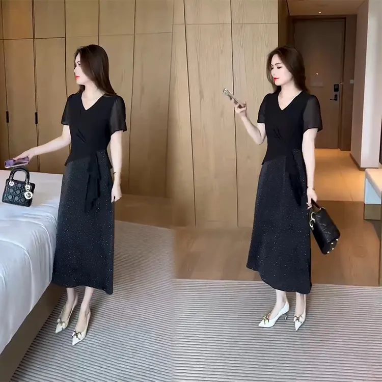 大码女装不规则拼接短袖连衣裙夏季新款烫钻裙子