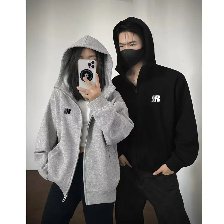 美式简约字母印花高领开衫连帽卫衣男女秋冬季宽松拉链情侣款外套