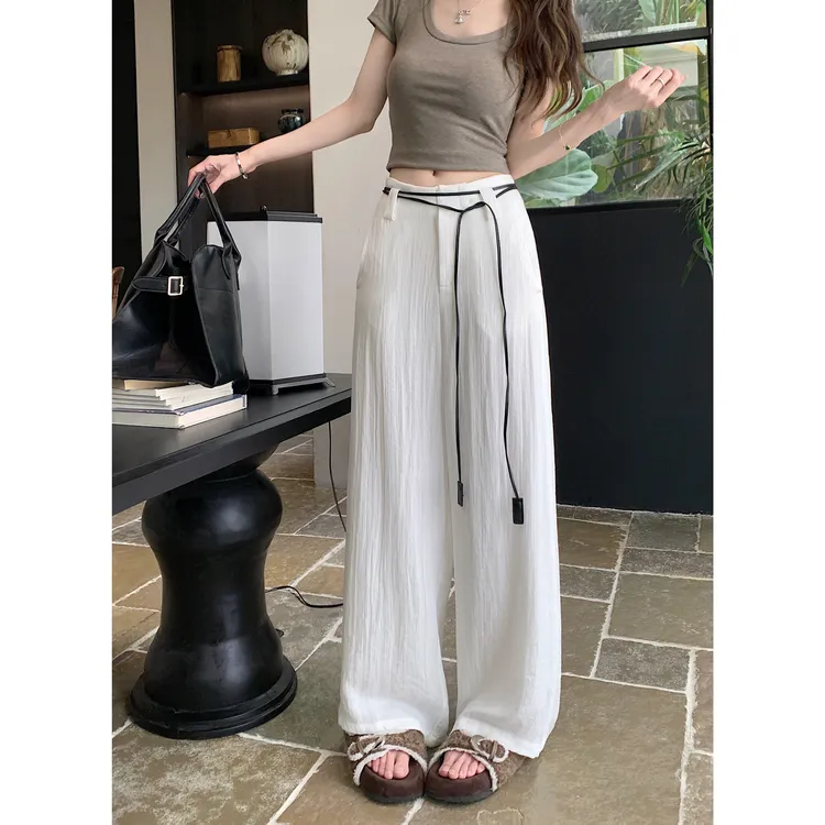 白色亚麻休闲裤女夏季阔腿裤垂感宽松直筒裤百搭高腰裤子拖地长裤
