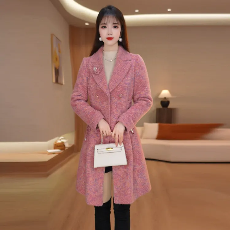 美瑞粉色毛呢外套女冬季2025新款宽松加厚高端减龄妈妈装呢子大衣